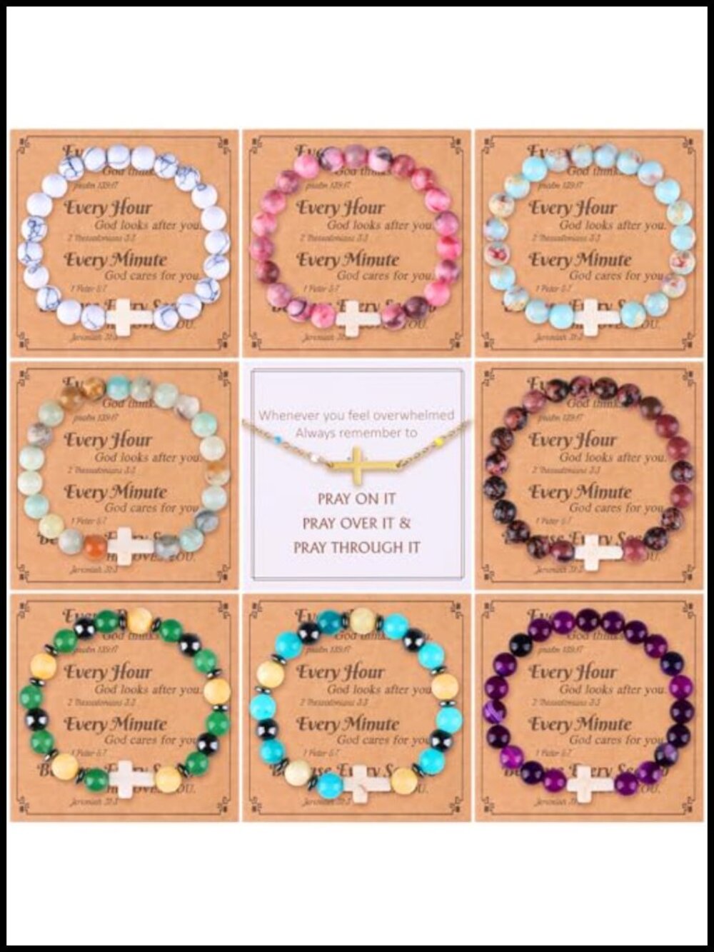 9 Pcs Christian Cross Bracelet Set Natural Stone Gold Chain Adjustable Gift